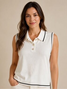 Milano White Sleeveless Polo Tank with Black Piping